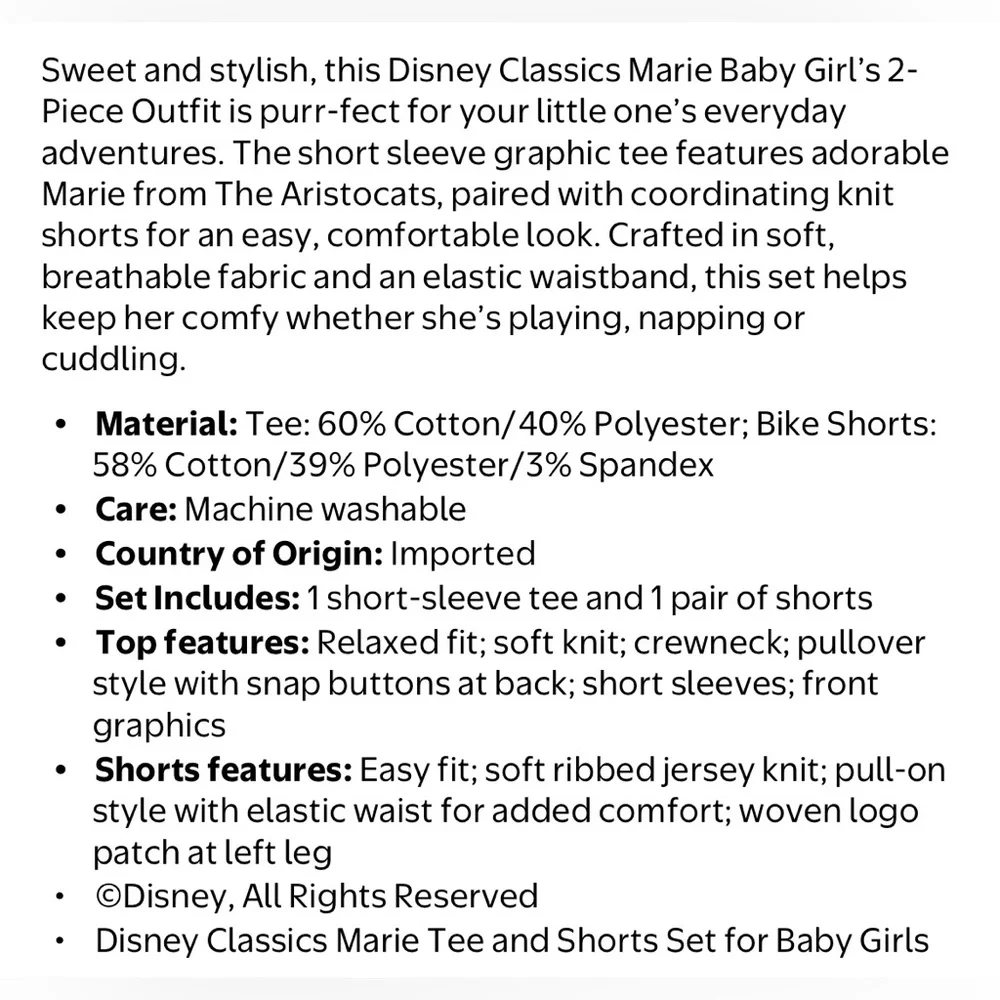 NWT Disney Marie Bonjour 2 Piece Outfit Set Baby Girl 0-3 Months Aristocats Pink